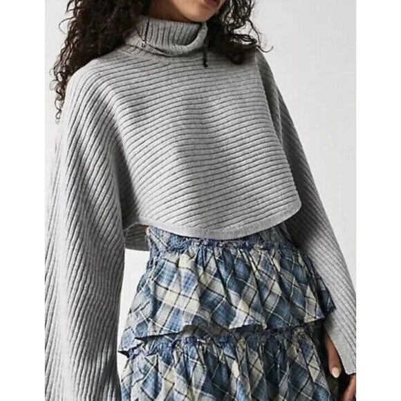 Free People Sweater Billie Mock Neck Womens XS Ivory Crop Ribbed Oversized Boho - Picture 5 of 15